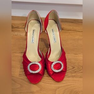 Manolo Blahnik Sedaraby D'Orsay Crystal Embellished  Red Satin Heel Pumps EU 39